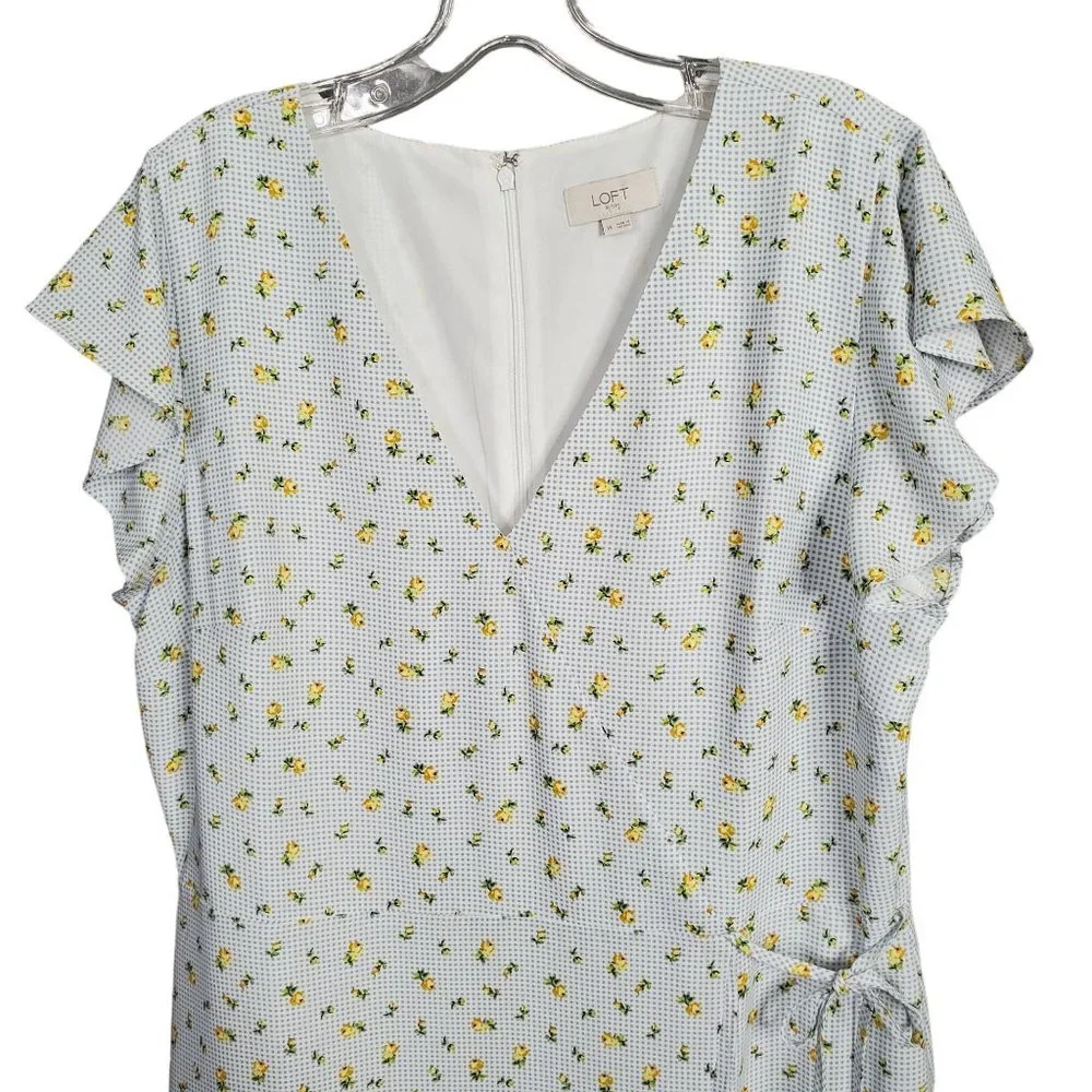 Loft Size 14 Dress Long Gingham Floral Flutter Sleeve Faux Wrap Ruffle Hem Lined - Picture 8 of 15